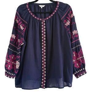 Crown & Ivy Navy Embroidered Boho Blouse XL
